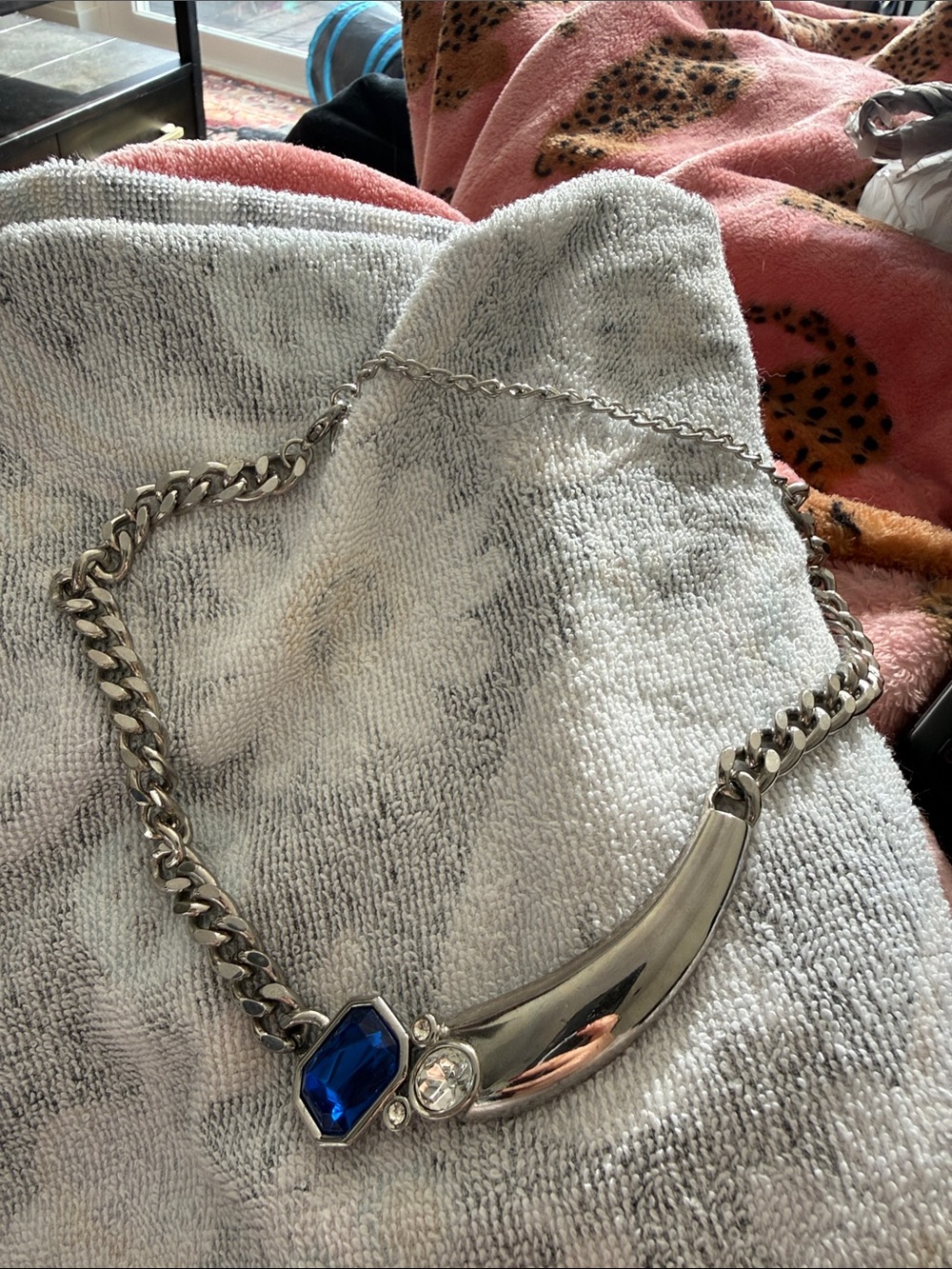 VINTAGE PARK LANE Silver Tone Choker Chain Rhinestone/Blue Stone Pendant